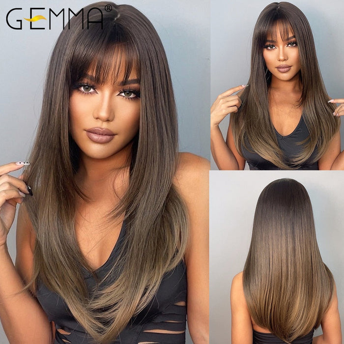 GEMMA 22 Ombre Brown Blonde Long Straight Synthetic Wigs with Bangs Cosplay Wig for Women High Temperature Natural Fake Hair