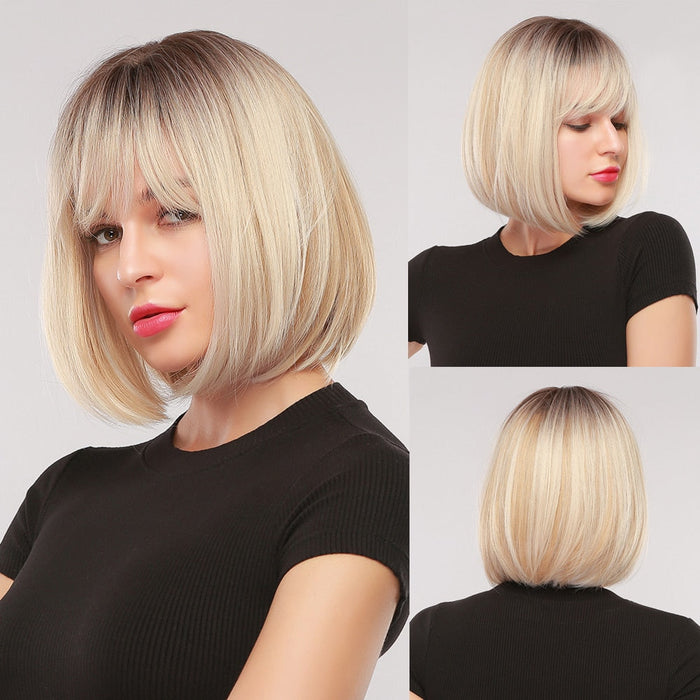 GEMMA 23 Short Straight Mixed Brown Blonde Synthetic Wigs with Bangs for Women Daily Party Bob Hair Wig High Tempearture Fiber