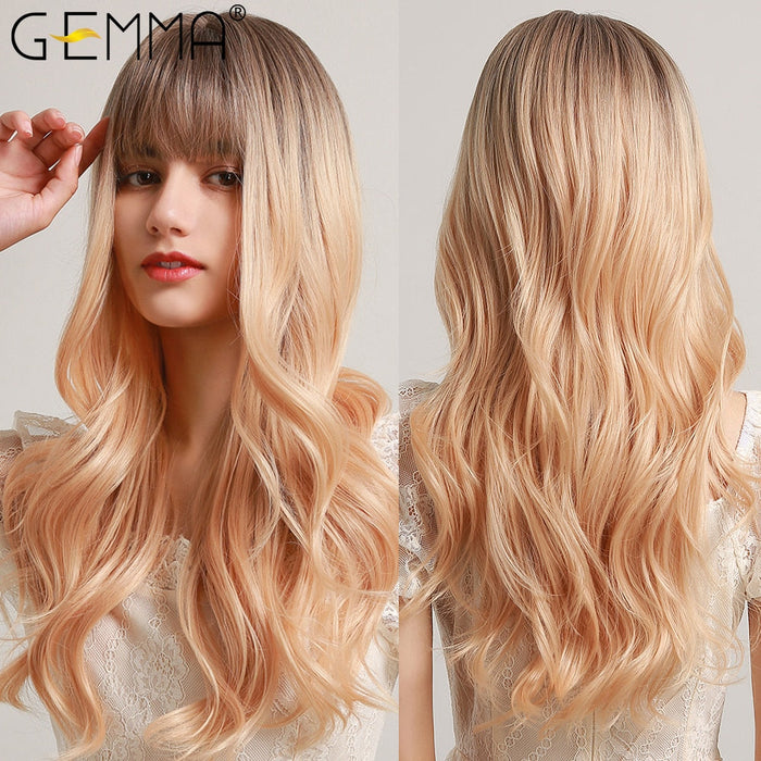 GEMMA 10  Cosplay Synthetic Wigs Long Water Wave Blonde Wig with Bangs for Women Lolita Party Daily Wig High Temperature Fiber Hair