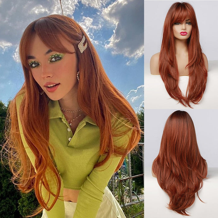 GEMMA 9 Cosplay Synthetic Wigs Long Straight Wine Red Wig with Bangs for Women Lolita Christmas Halloween Party Heat Resistant