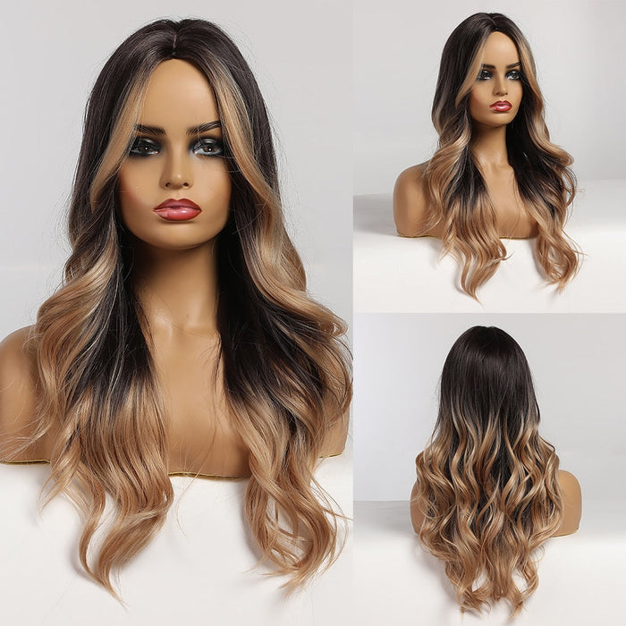GEMMA 25  Synthetic Wigs Long Body Wave Ombre Brown Wigs for Black Women Afro Natural Middle Part Cosplay Hair Heat Resistant Fiber