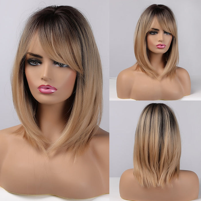 GEMMA 20  Natural Black Medium Straight Bob Synthetic Wig Hair Cosplay Party Lolita Women Girls Wigs with Bangs Heat Resistant Fibre