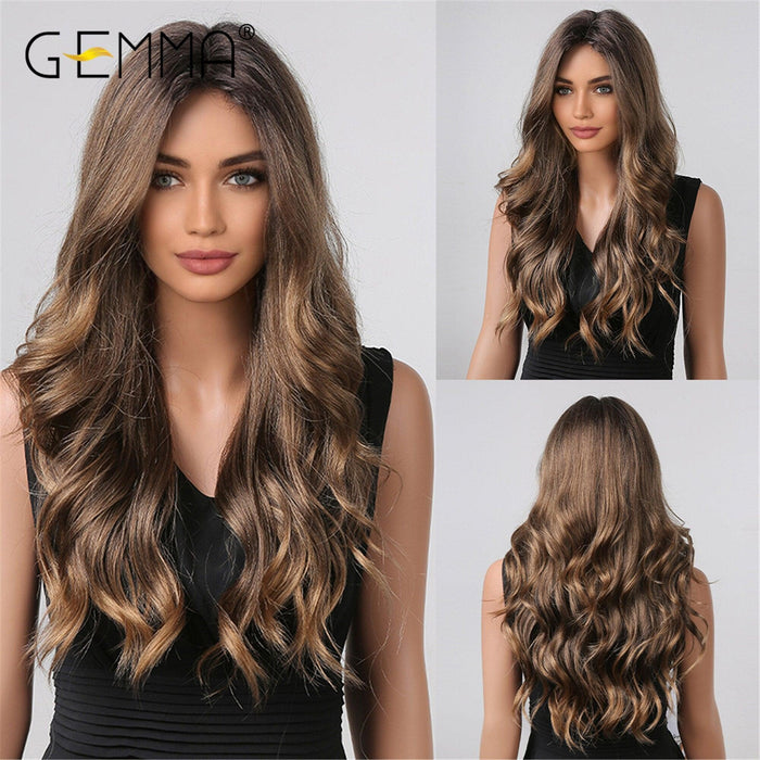 52. GEMMA Long Wave Female Synthetic Wig Chestnut Brown Blonde Hair Wigs for Black Women Cosplay Daily Wigs Heat Resistant Fiber
