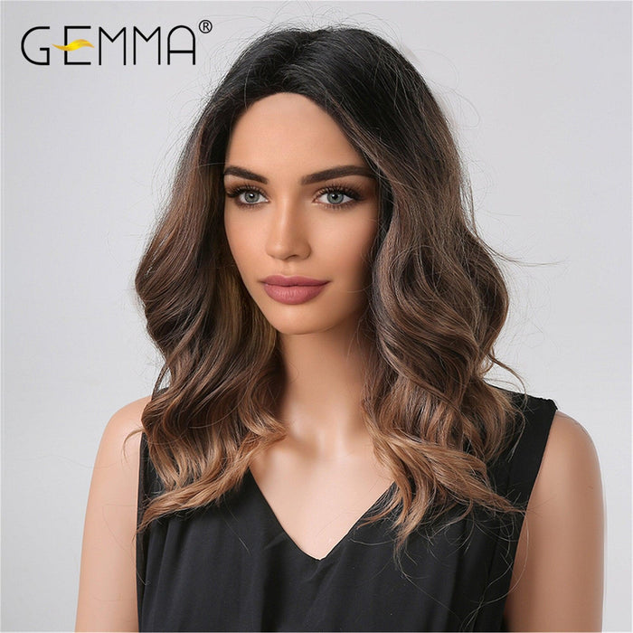 47. GEMMA Medium Black Brown Wavy Synthetic Natural Hair Highlight Grey Wigs for Women Afro Wigs with Bangs Wigs Heat Resistant
