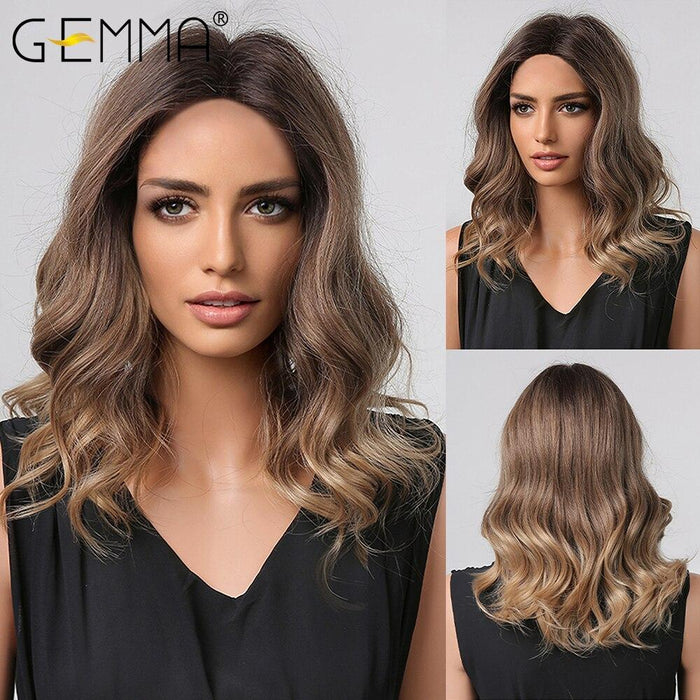 47. GEMMA Medium Black Brown Wavy Synthetic Natural Hair Highlight Grey Wigs for Women Afro Wigs with Bangs Wigs Heat Resistant