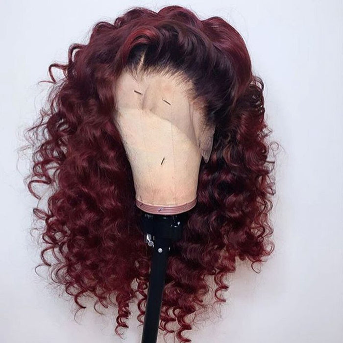 Perruque avec Lace Frontale 360 et cheveux naturels bouclés bordeaux ombré rouge