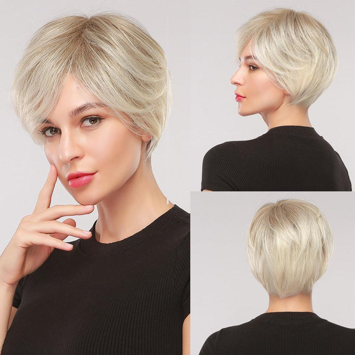 48. GEMMA Ombre Light Brown Gray Ash Blonde Wigs with Side Bangs Pixie Cut Short Straight Synthetic Party Cosplay Wigs for Women