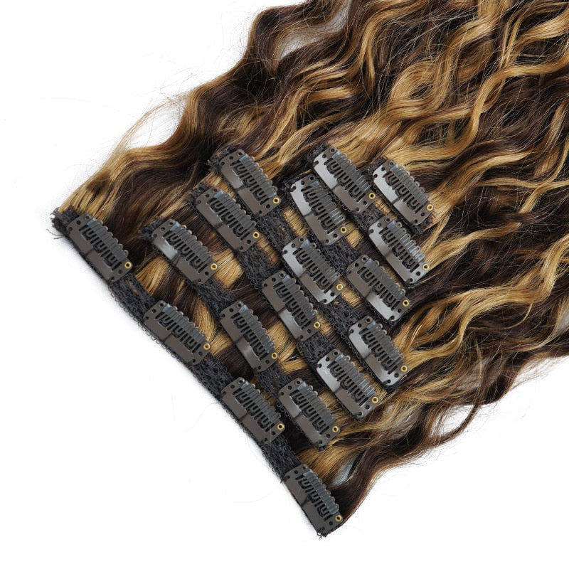 Extensions à clips 10PCS 140G en cheveux naturels bruns balayés blonds miel