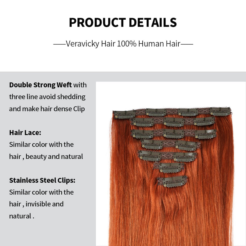 Extensions à clips 7PCS 120G en cheveux naturels roux