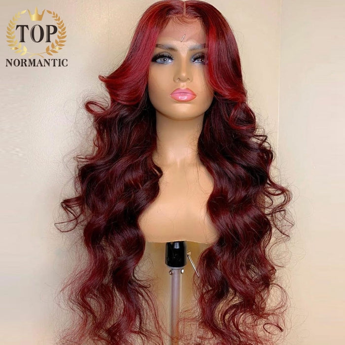 Perruque longue etTopnormantic 13x4 Lace Front Remy Indian Human Hair Wigs with Baby Hair Highlight Red Burgundy Color Loose Wave Wigs For Women