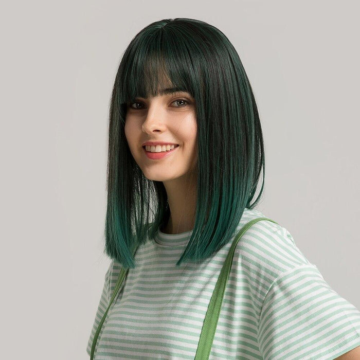 46. GEMMA Short Straight Ombre Green Lolita Bobo Synthetic Wigs with Bangs Cosplay Party Heat Resistant Hair Wigs for Women Girls