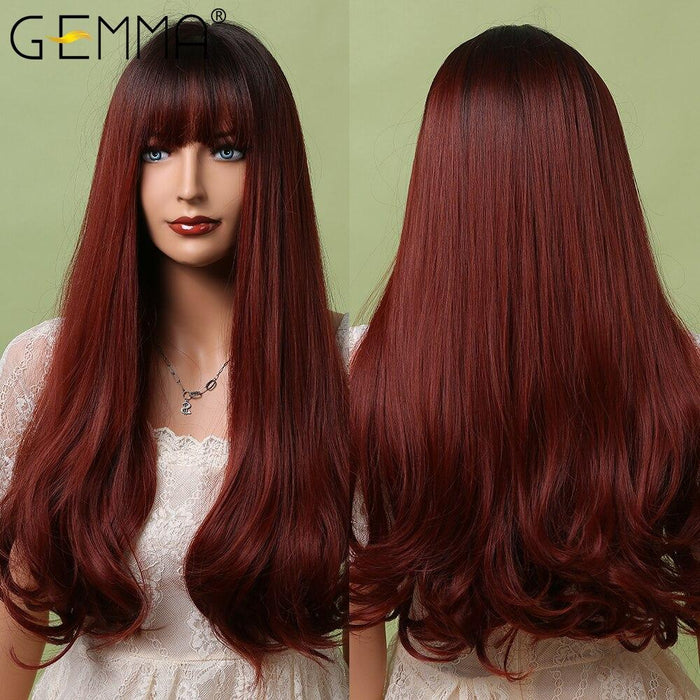 45. GEMMA Wine Red Long Water Wave Synthetic Wigs with Bangs Burgundy Cosplay Daily Heat Resistant Hair Wigs for Women Afro