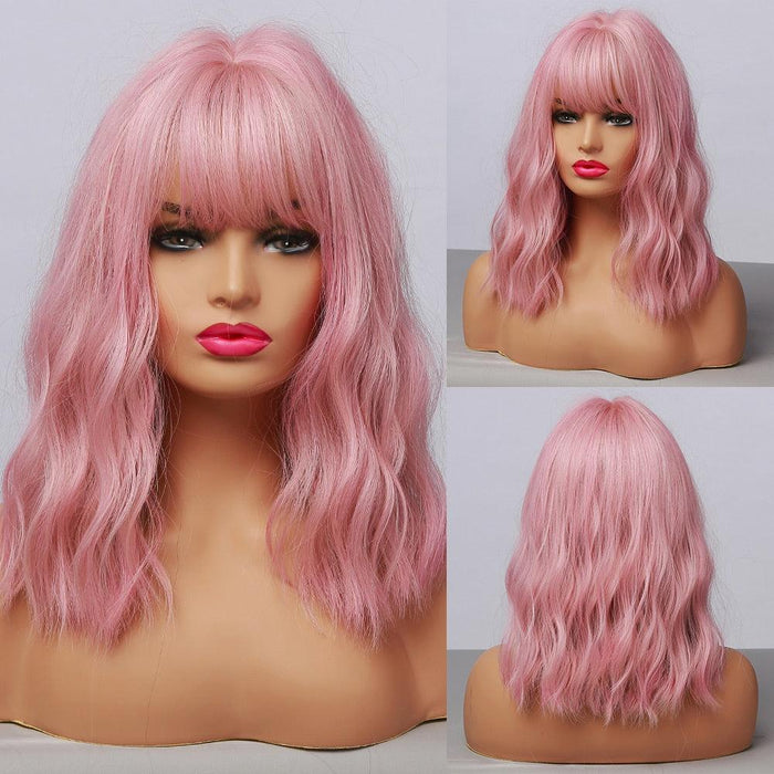 40. GEMMA Medium Wavy Synthetic Wig with Bangs for Black Women African American Natural Pink Bob Lolita Cosplay Heat Resistant Hair