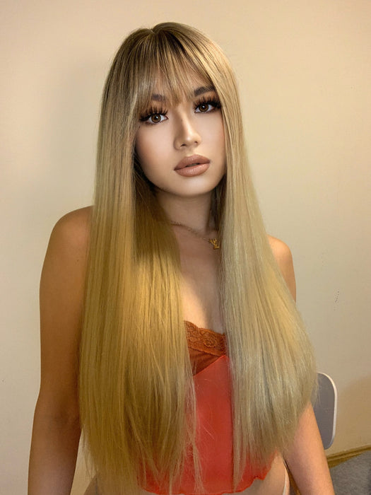 GEMMA 21  Ombre Brown Blonde Golden Synthetic Wig with Bangs Natural Long Straight Cosplay Wigs for Women High Temperature Fake Hair