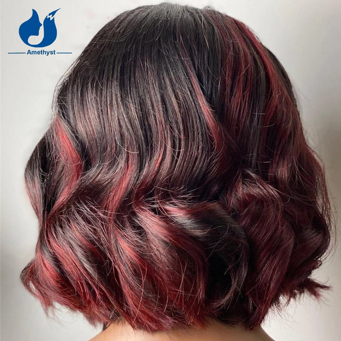 Perruque courte type carré structuré en cheveux naturels bruns ombré rouge
