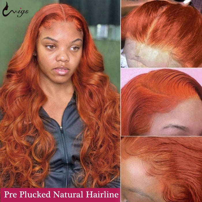 Perruque longue et ondulée avec HD lace frontale en cheveux naturels roux