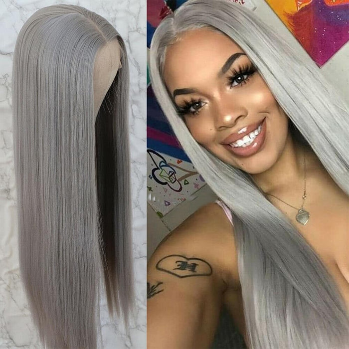 Perruque Lace Frontale avec baby hair en cheveux lisses et gris clair