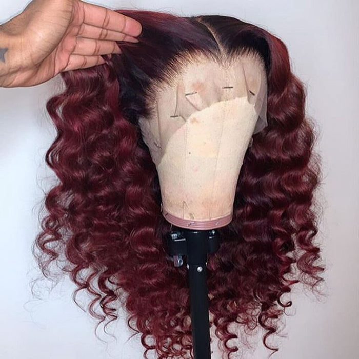 Perruque avec Lace Frontale 360 et cheveux naturels bouclés bordeaux ombré rouge