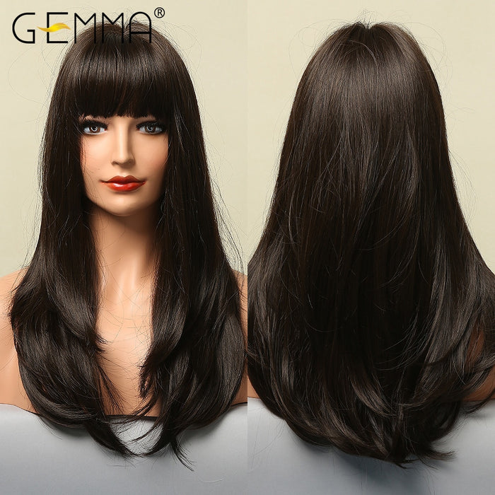 GEMMA 14 - Perruque cheveux synthétiques longs et lisses avec frange rideau