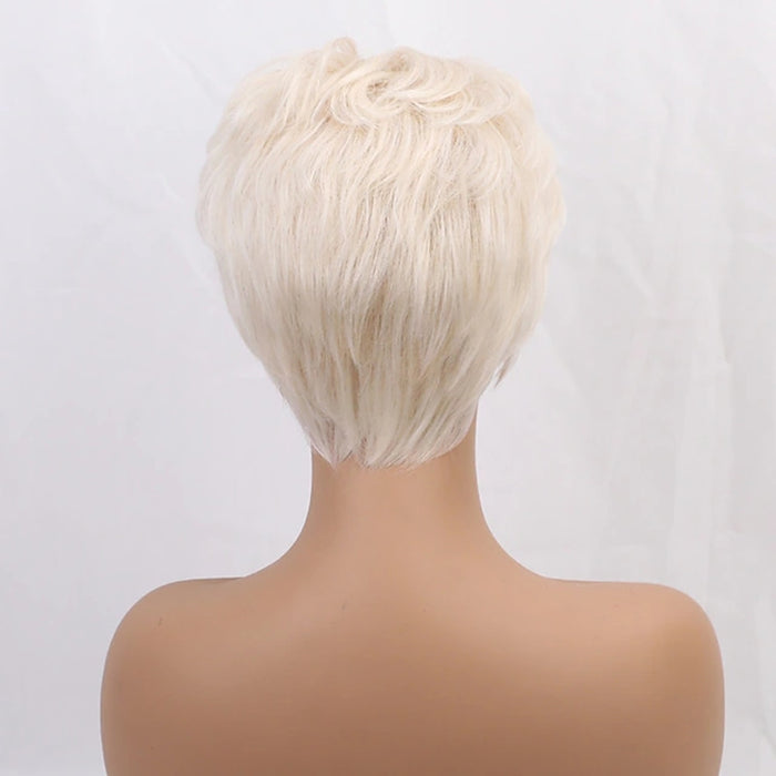 Perruque très courte avec frange effilée et cheveux naturels blonds platine