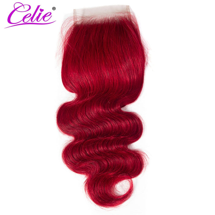 Bandes de tissage + closure en cheveux naturels ondulés rouge