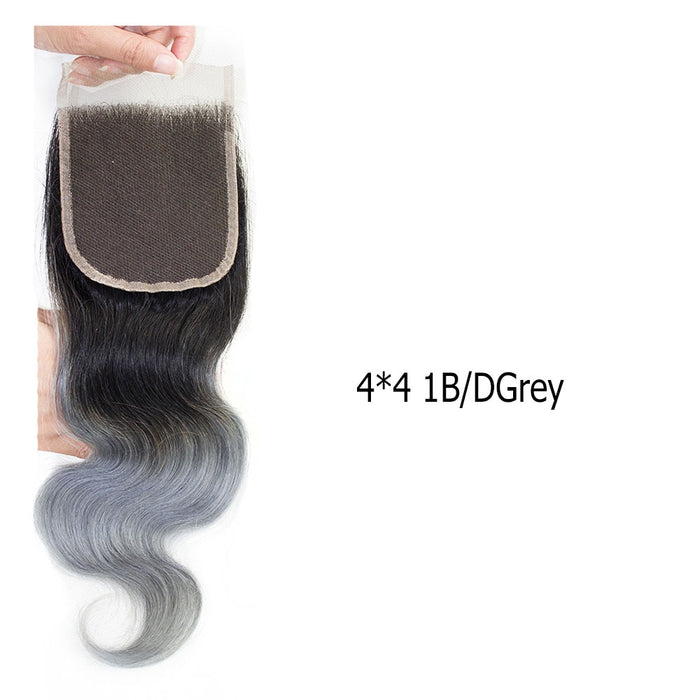 Closure 4x4 en cheveux naturels ondulés gris et effet racines