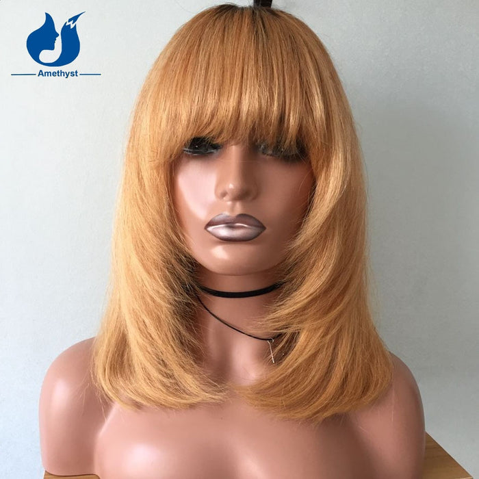 Amethyst Layered Cut Blonde Bob Human Hair Wigs Brazilian Remy Full Machine Scalp Top Short Bob Wig With Bangs For Black Women