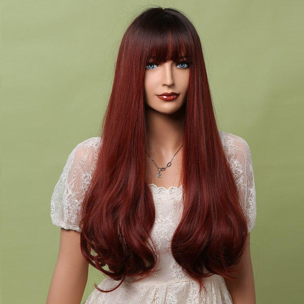 45. GEMMA Wine Red Long Water Wave Synthetic Wigs with Bangs Burgundy Cosplay Daily Heat Resistant Hair Wigs for Women Afro