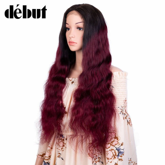 Perruque longue et ondulée en cheveux naturels  avec lace frontale type "TIE-DIE" rouge