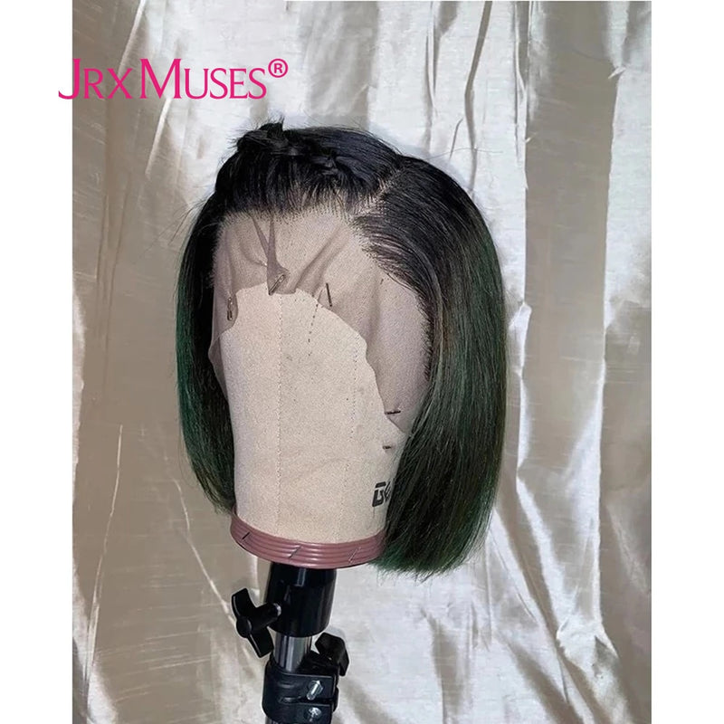 Perruque courte style carré structuré en cheveux naturels bruns ombrés vert sans colle