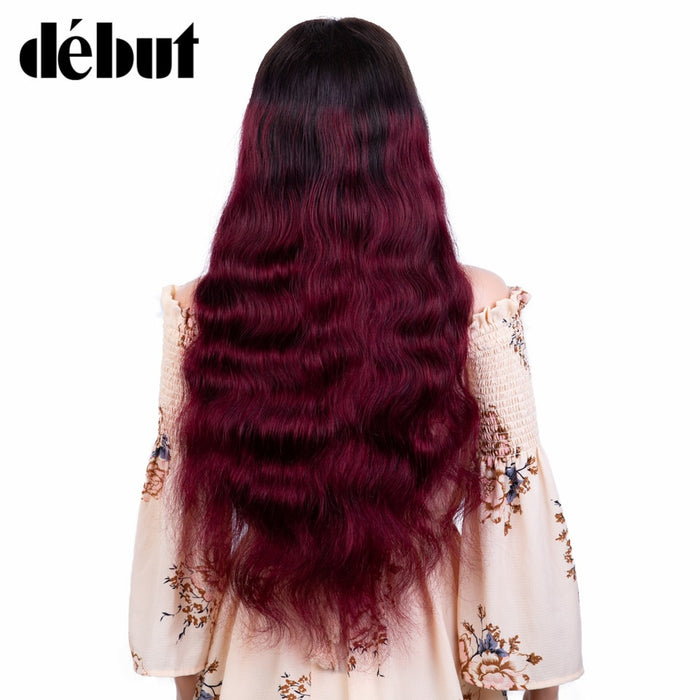 Perruque longue et ondulée en cheveux naturels  avec lace frontale type "TIE-DIE" rouge