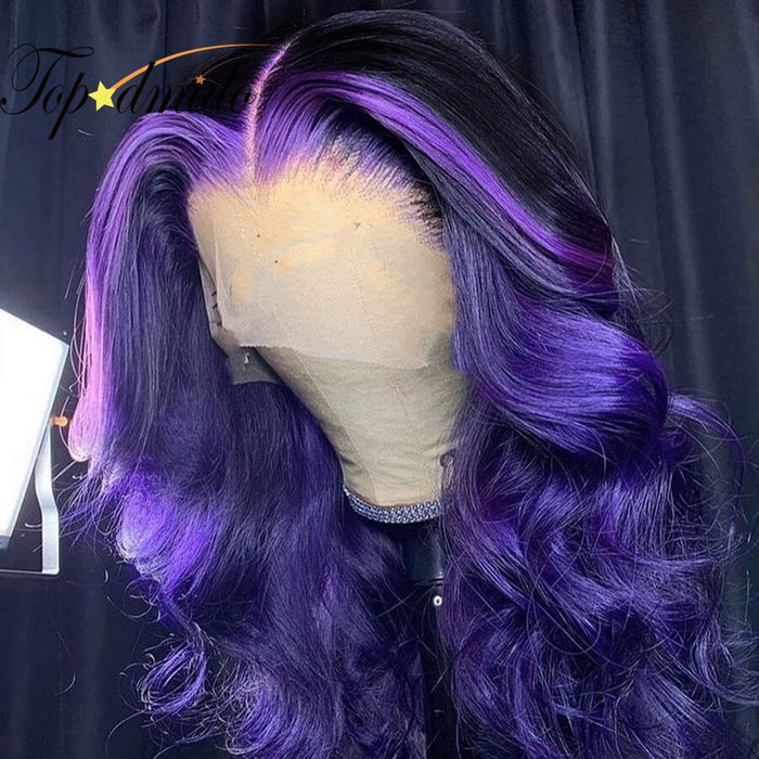 Perruque bicolore longue et ondulée avec lace frontale et baby hair violet électrique /noir