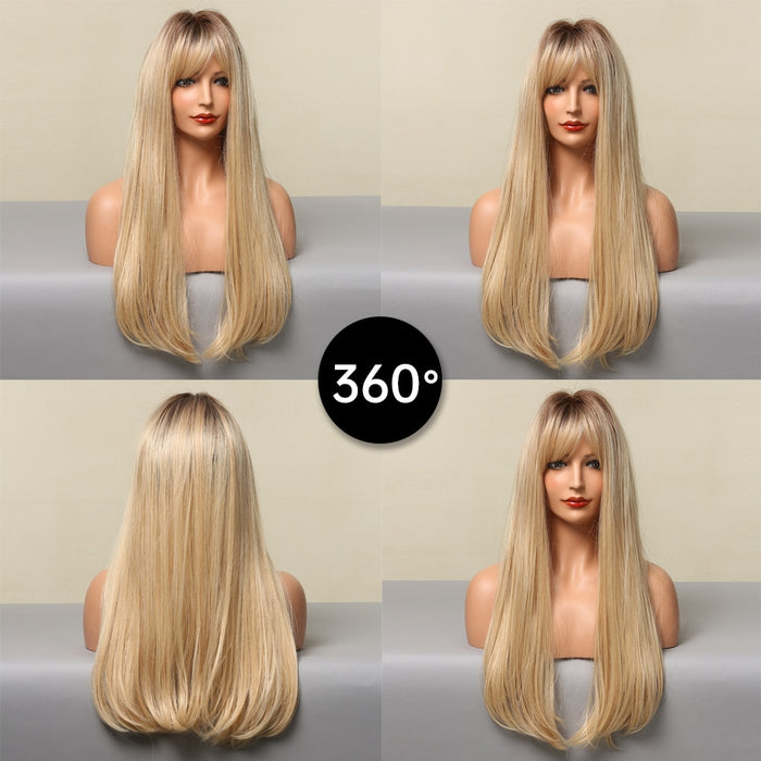 GEMMA 21  Ombre Brown Blonde Golden Synthetic Wig with Bangs Natural Long Straight Cosplay Wigs for Women High Temperature Fake Hair