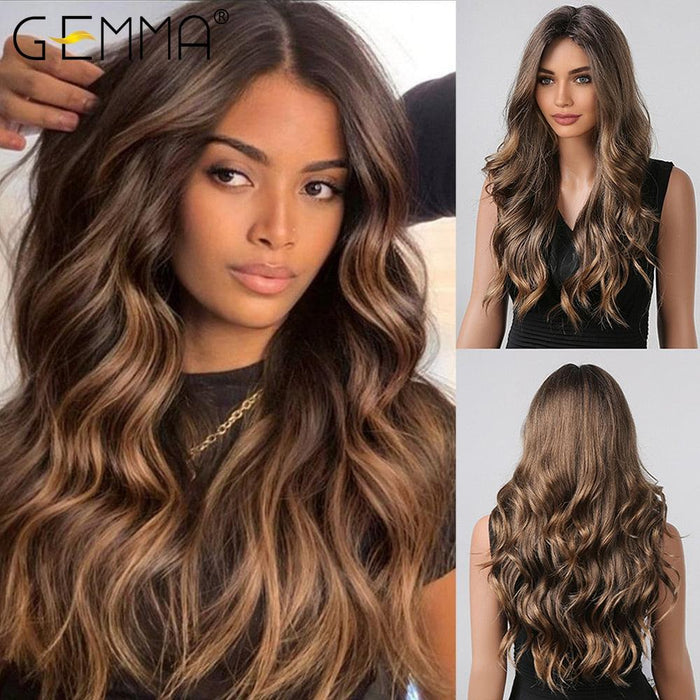 52. GEMMA Long Wave Female Synthetic Wig Chestnut Brown Blonde Hair Wigs for Black Women Cosplay Daily Wigs Heat Resistant Fiber