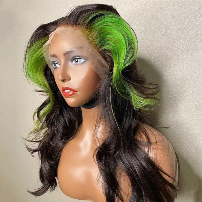 Perruque avec Lace Frontale en cheveux naturels ondulés bruns et mèches verte