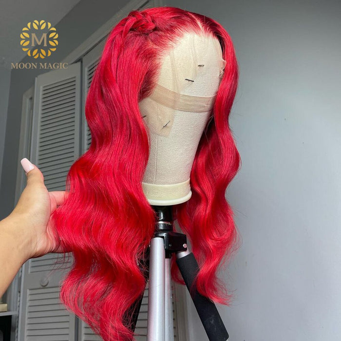 Perruque avec lace frontale 13x6 longue et ondulée en cheveux naturels rouge