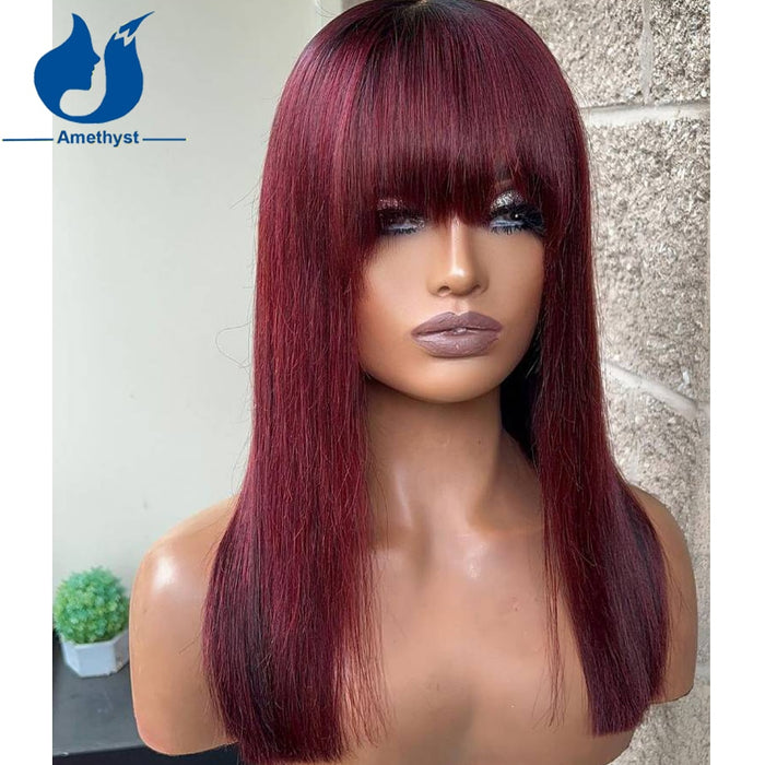 Perruque longue avec frange en cheveux naturels rouge/bordeau