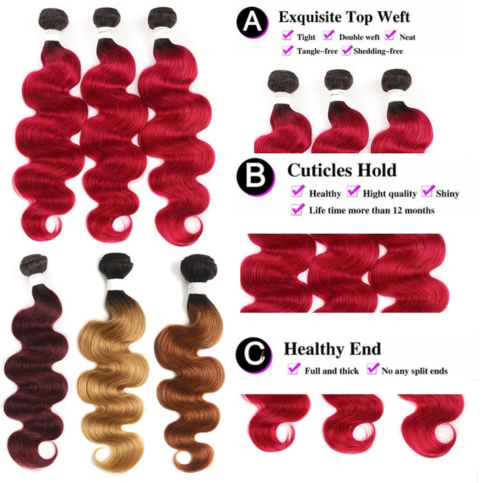 Bandes de Tissages Brésiliens en cheveux naturels ondulés rouges (et autres couleurs disponibles) avec effet racines