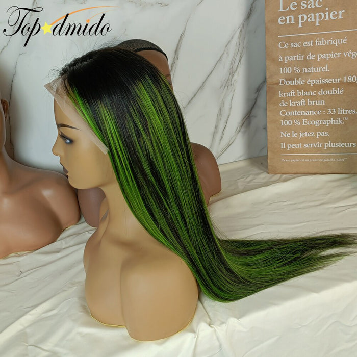 Perruque lisse avec Lace Frontale en  péruvienne naturelle, et Baby Hair , vert ombré