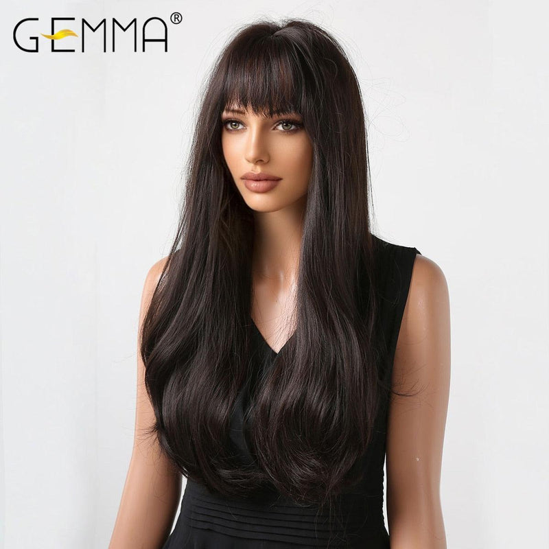 49. GEMMA Long Dark Brown Women's Wigs with Bangs Wave Heat Resistant Synthetic Wigs for Women African American Hair Wig