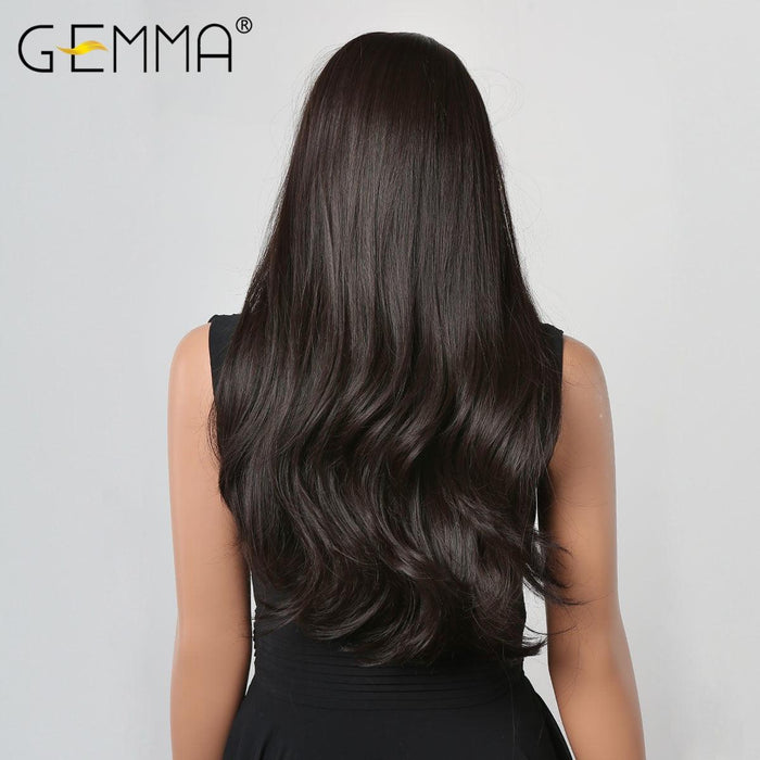 49. GEMMA Long Dark Brown Women's Wigs with Bangs Wave Heat Resistant Synthetic Wigs for Women African American Hair Wig