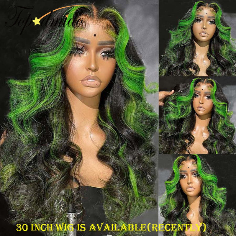 Perruque bicolore longue et ondulée avec lace frontale et baby hair vert électrique /noir