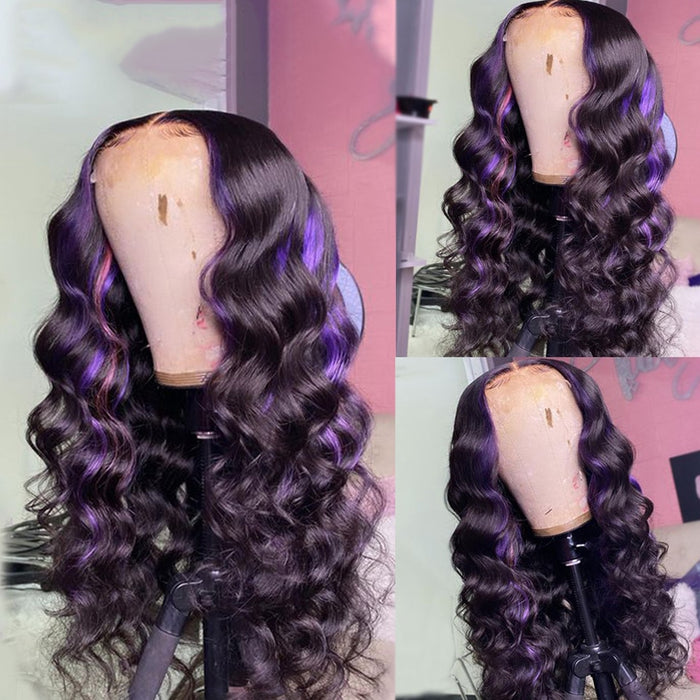 Perruque avec Lace Frontale en cheveux naturels bouclés bruns ombrés violet