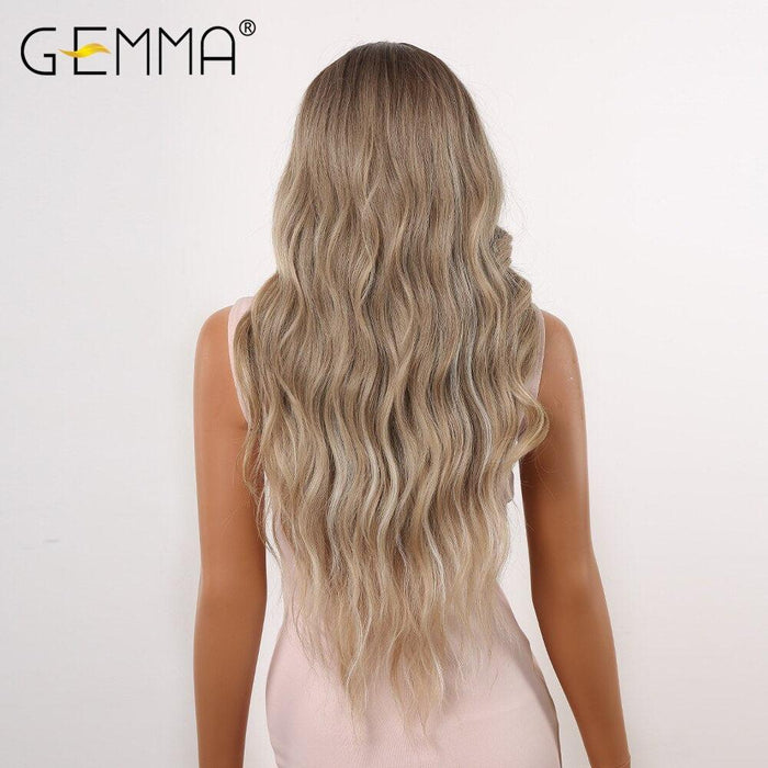 42. GEMMA Long Omber Brown Blonde Wavy Synthetic Wigs for Women Cosplay Daily Wave Blonde Highlight Wig Heat Resistant Fiber Hair