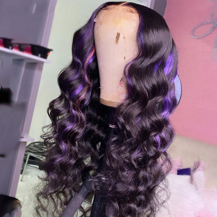 Perruque avec Lace Frontale en cheveux naturels bouclés bruns ombrés violet