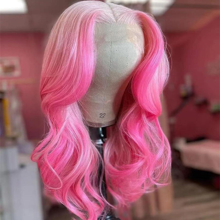 Perruque avec Lace Frontale en cheveux naturels blond platine ombré rose