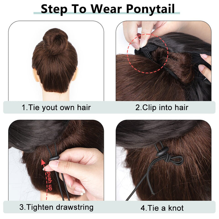 Ponytails XL avec clips en cheveux synthétiques longs et ondulés bruns