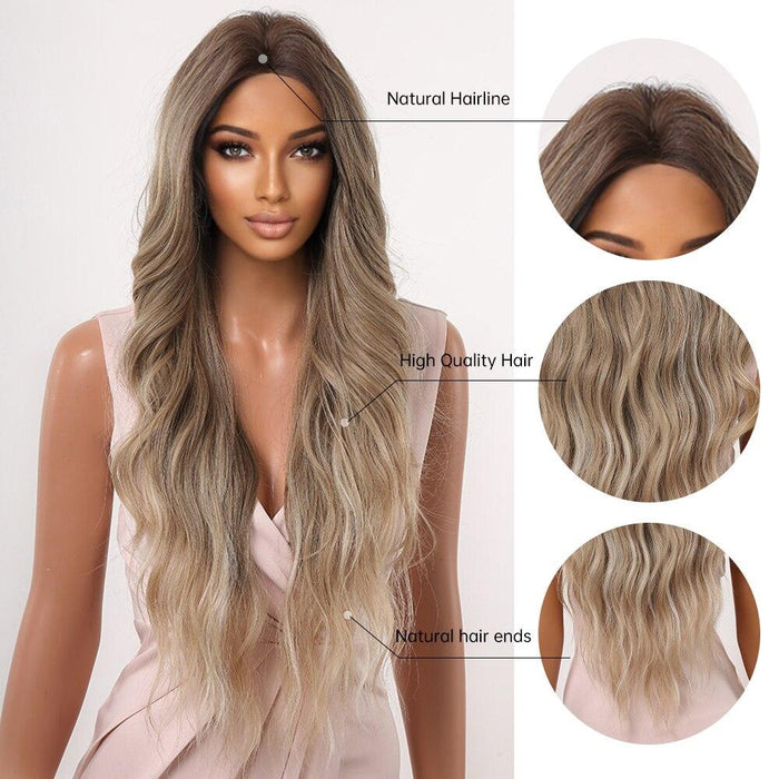 42. GEMMA Long Omber Brown Blonde Wavy Synthetic Wigs for Women Cosplay Daily Wave Blonde Highlight Wig Heat Resistant Fiber Hair