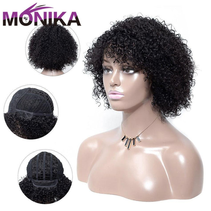 Monika Women's Wigs Malaysian Jerry Curly Human Hair Wig 150% Density Short Perruque Cheveux Humain Non-Remy Hair Machine Made