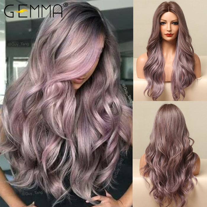 GEMMA 22 Ombre Brown Blonde Long Straight Synthetic Wigs with Bangs Cosplay Wig for Women High Temperature Natural Fake Hair